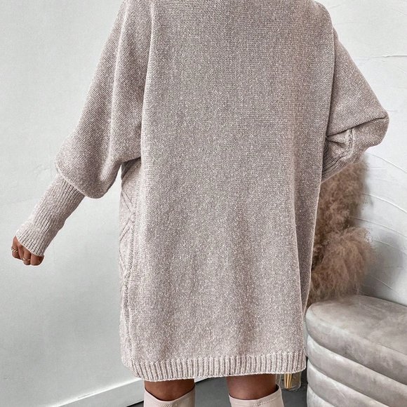 Apricot Casual Womens Solid Color Batwing Sleeve Sweater Dress - Picture 2 of 5